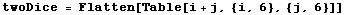 twoDice = Flatten[Table[i + j, {i, 6}, {j, 6}]]
