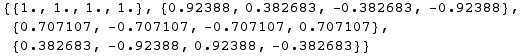 RowBox[{{, RowBox[{RowBox[{{, RowBox[{1., ,, 1., ,, 1., ,, 1.}], }}], ,, RowBox[{{, RowBox[{0. ... [{{, RowBox[{0.382683, ,, RowBox[{-, 0.92388}], ,, 0.92388, ,, RowBox[{-, 0.382683}]}], }}]}], }}]